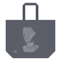 Front of large grey tote bag by Brian Fay on a white background showing an outline of a face in the centre of the bag.