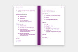 Open publication of 'Loneliness: Inside of Rebecca Moccia's Ministry of Loneliness and Timely Conversations'. The page on the lefthand side contains text that is in English in the colour purple. On the page on the righthand side text is in Korean in the colour purple. The outline of the spine is in the colour purple. The image of the publication is taken on a white background.