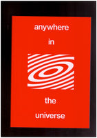 The front cover of 'anywhere in the universe'. The book has a red cover with white text and a white graphic. 
