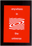 The front cover of 'anywhere in the universe'. The book has a red cover with white text and a white graphic. 